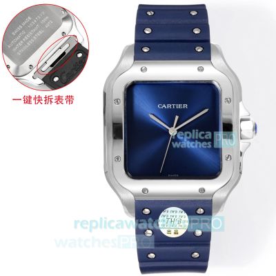 Swiss clone THB Cartier Santos Automatic Blue Dial Rubber Strap Watch 